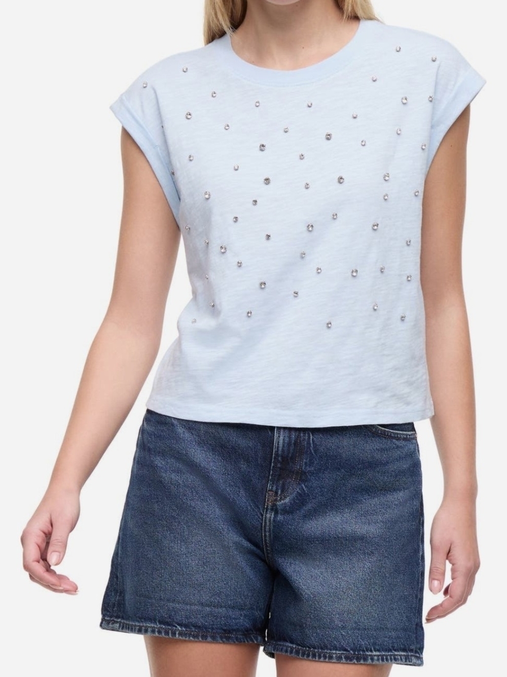 Wildfox Nova Light Blue Embellished Cap-Sleeve Tee Size Small